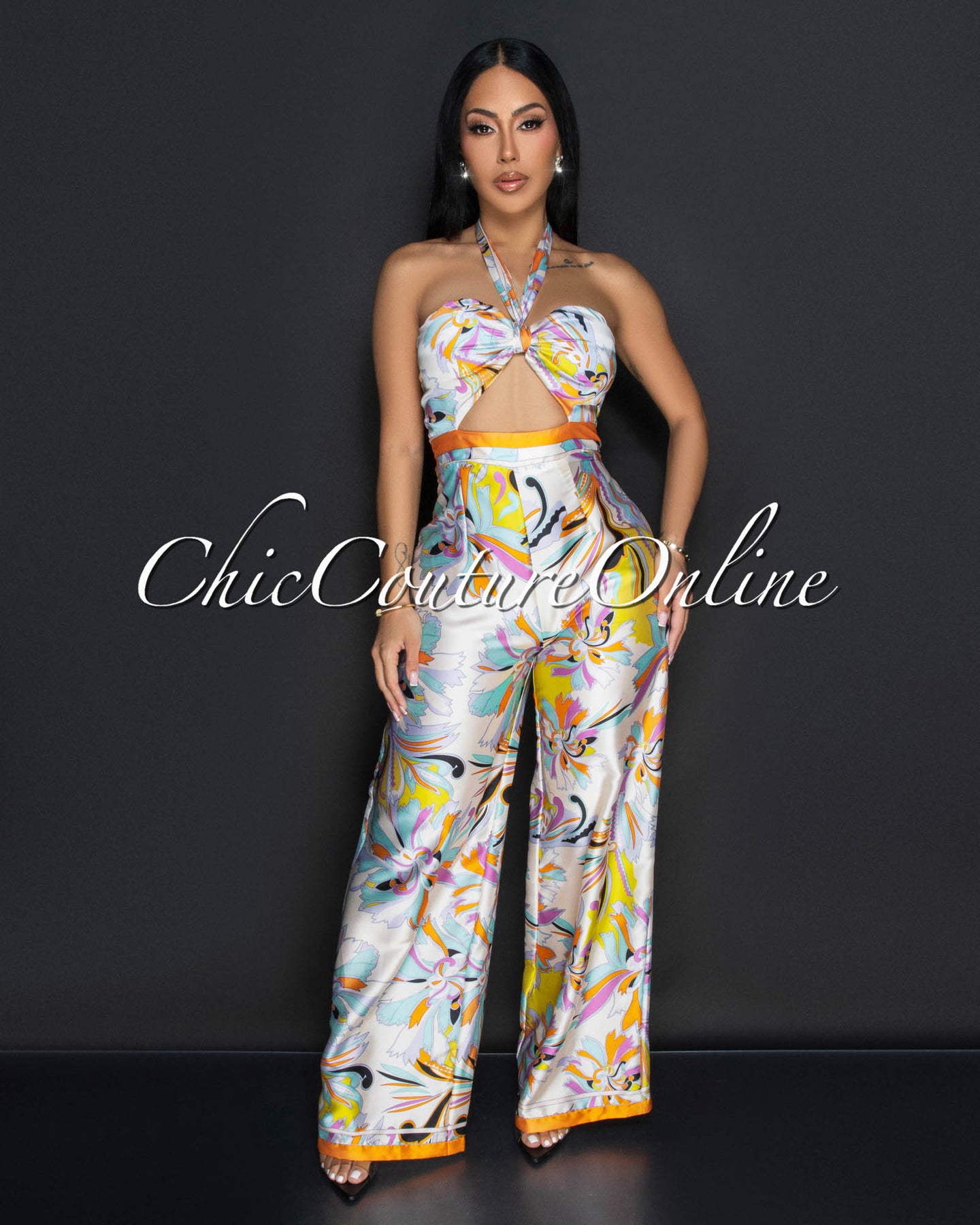 Annika Beige Yellow Multi Halter Wide Legs Jumpsuit