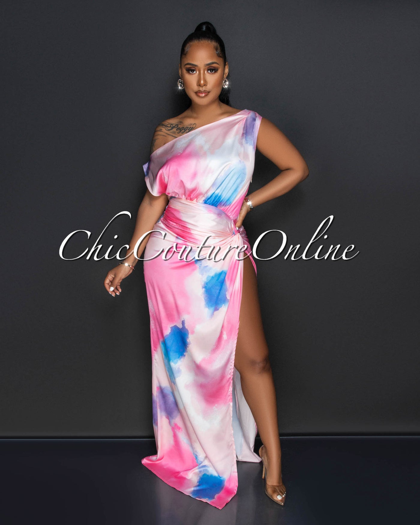 Tayanna Pink Watercolor Print High Slit Silky Maxi Dress
