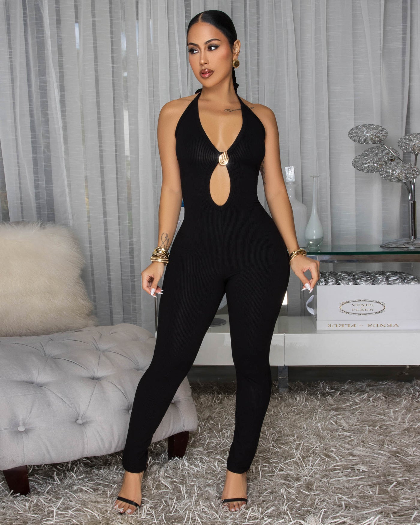 Rosalia Black Body-Con Ribbed Halter Jumpsuit
