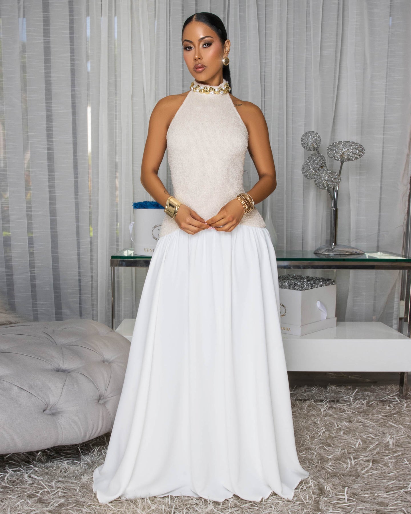 Andrina Nude Ivory Halter Maxi Dress