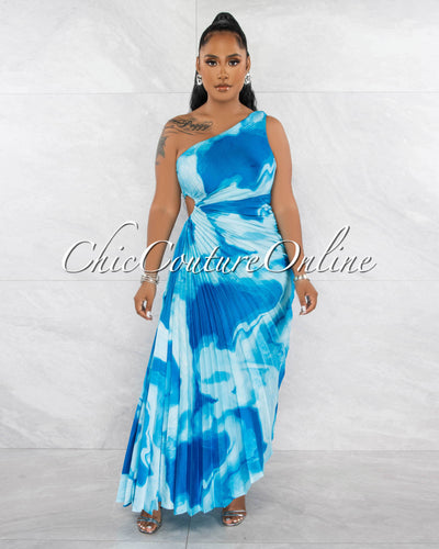 Hilary Blue Print Pleated Single Shoulder Maxi Dress