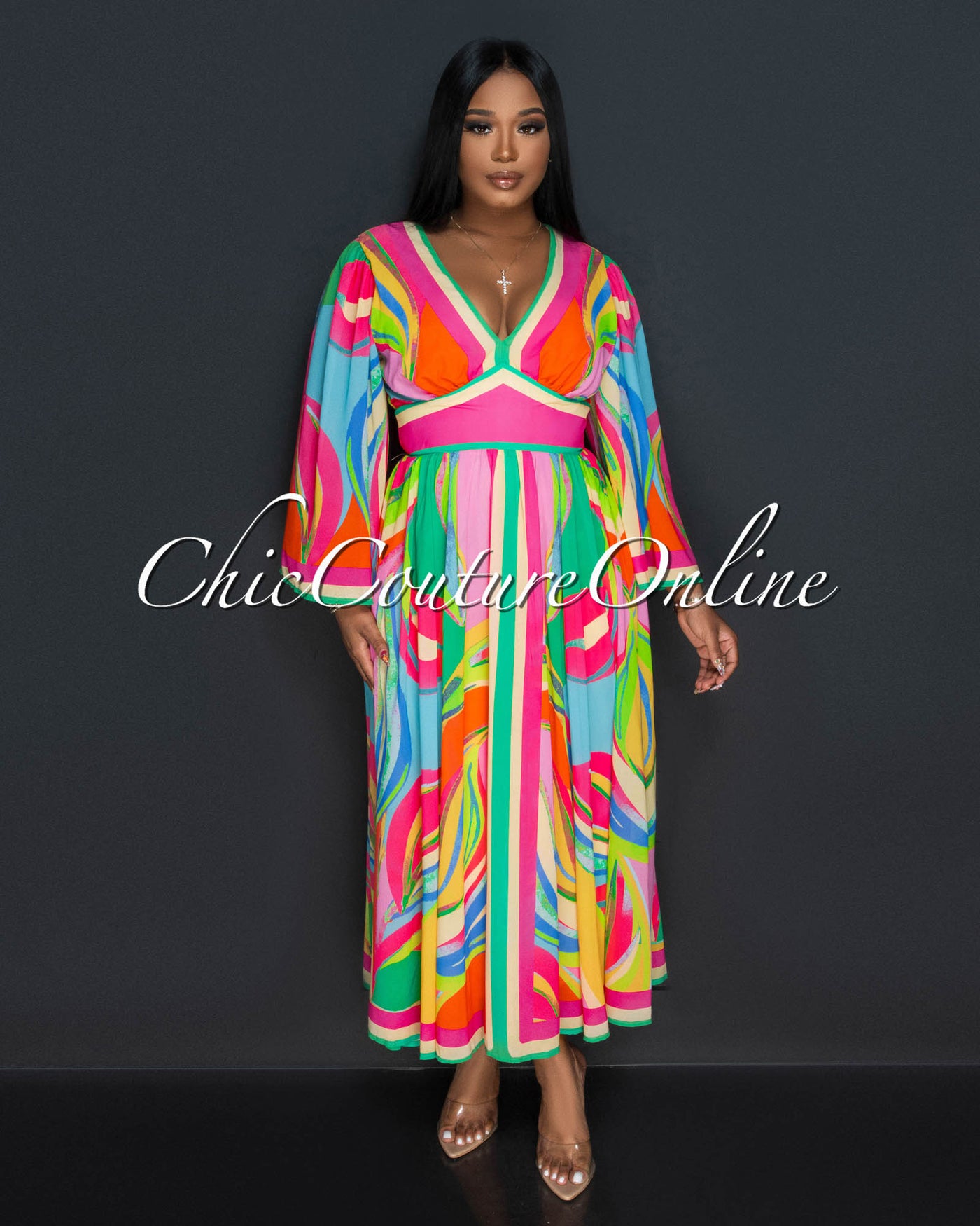 Odetta Fuchsia Multi-Color Print Kimono Maxi Dress