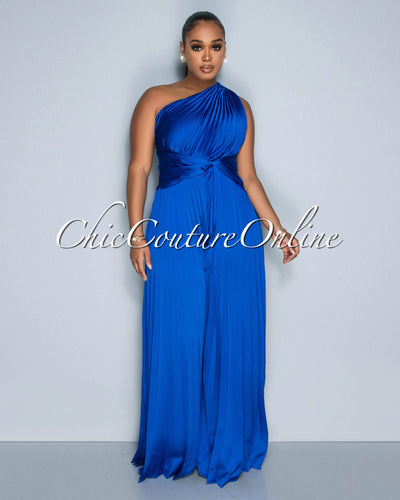 Elizabeth Royal Blue Single Shoulder Pleated Jumpsuit