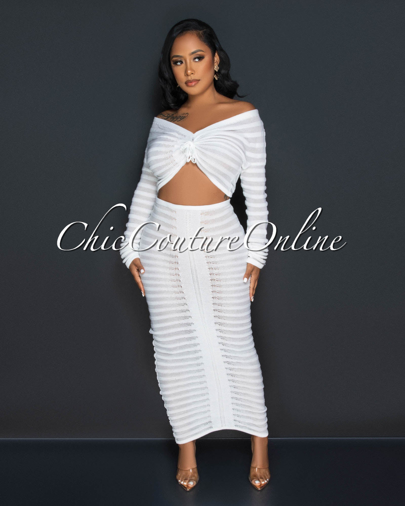 *Ganiah Off-White Crochet Crop Top & Maxi Skirt Set