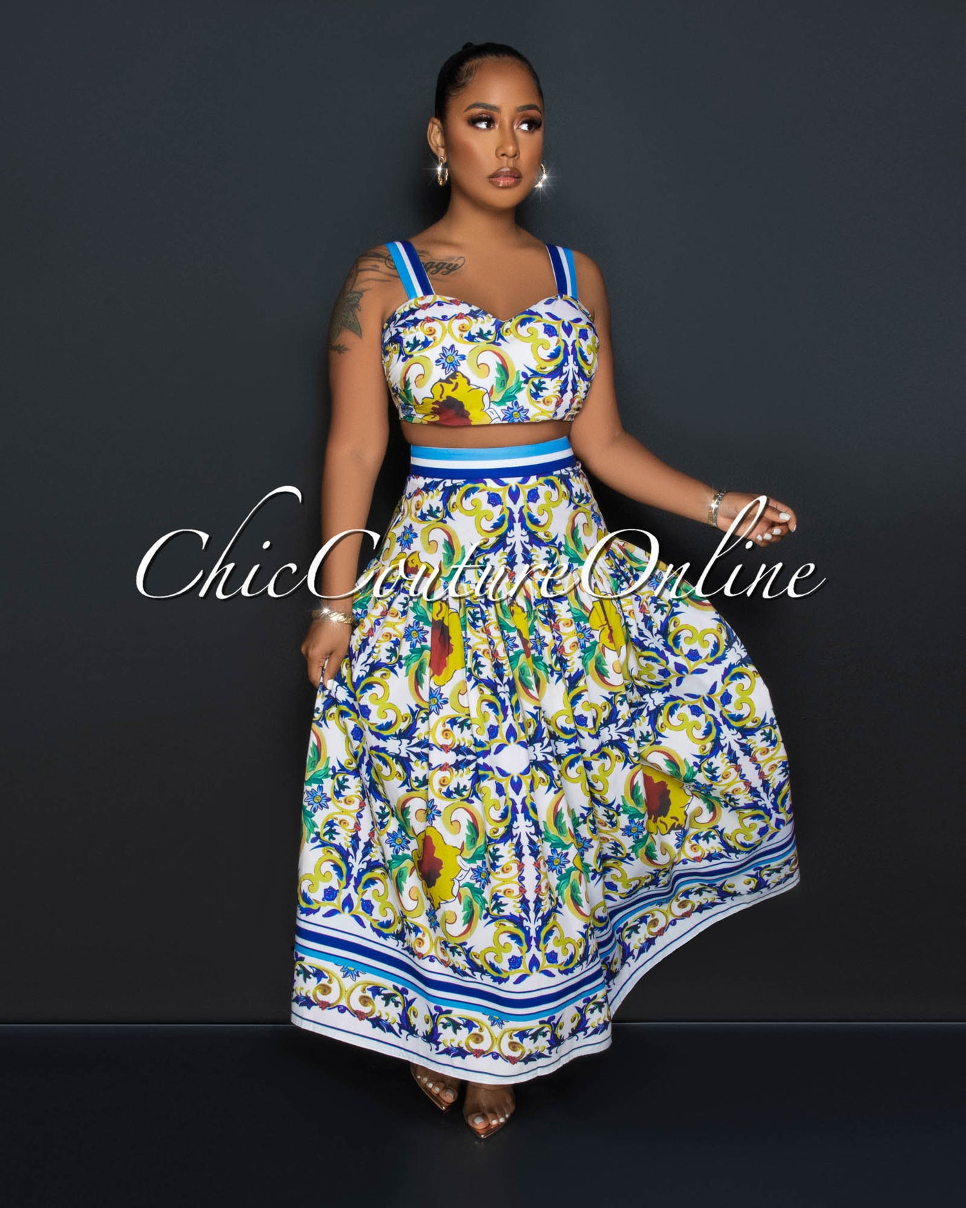 Crisanto White Multi-Color Print Crop Top & Maxi Skirt Set