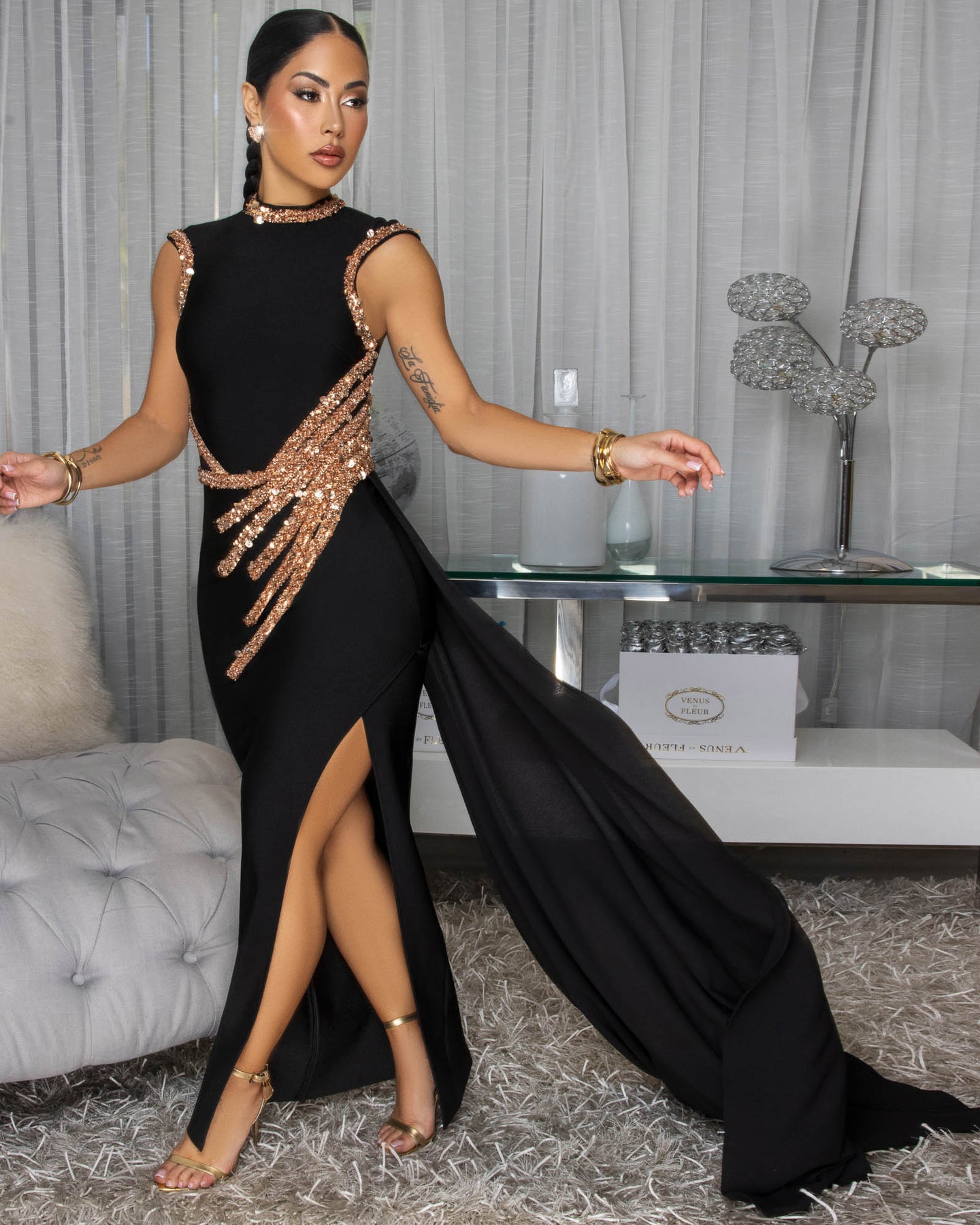 Lara Black Rose Gold Sequins Accent Bandage Dress