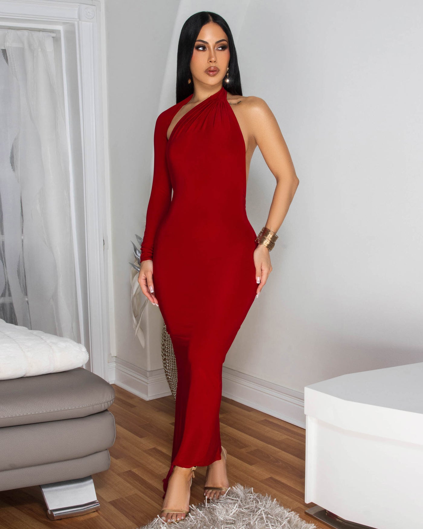 Luna Red One Shoulder Sleeve Open Back Dress