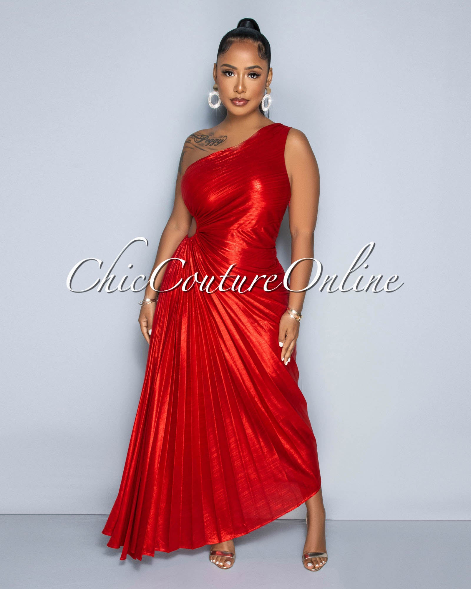 *Jovanika Red Shimmer Pleated Single Shoulder Maxi Dress