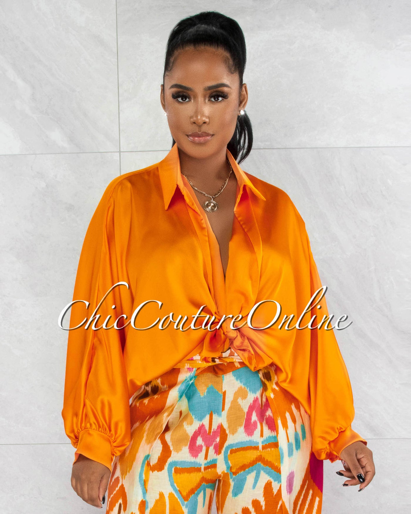 Pilar Orange Wide Sleeves Silky Blouse