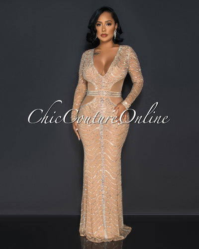 Brookline Nude Mesh Sheer Rhinestones Maxi Dress