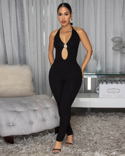 Rosalia Black Body-Con Ribbed Halter Jumpsuit