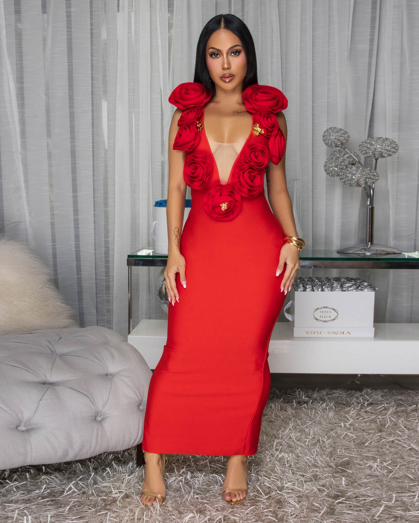 Jacara Red 3D Flowers Bandage Maxi Dress (9/2025)