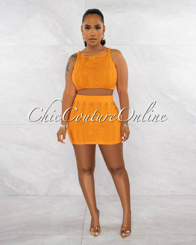 *Mexie Orange Crochet Crop Top & Skirt Cover-Up Set
