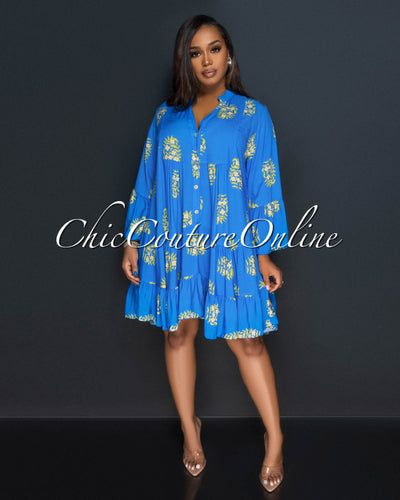 Sanlie Blue Floral Print Shirt Dress