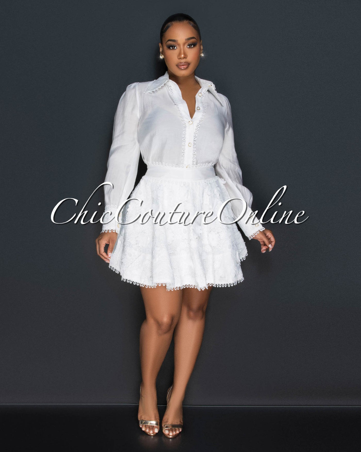 Bachir Off-White Buttoned Blouse & Flared Crochet Skirt Set