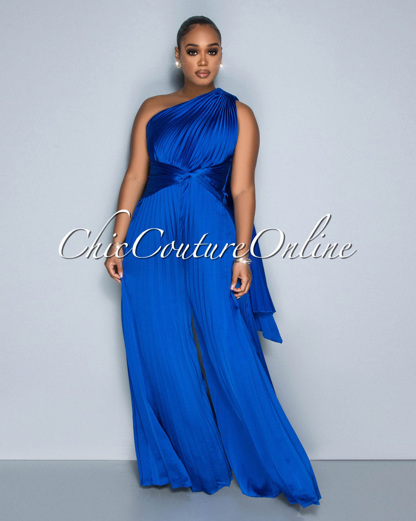 Elizabeth Royal Blue Single Shoulder Pleated Jumpsuit