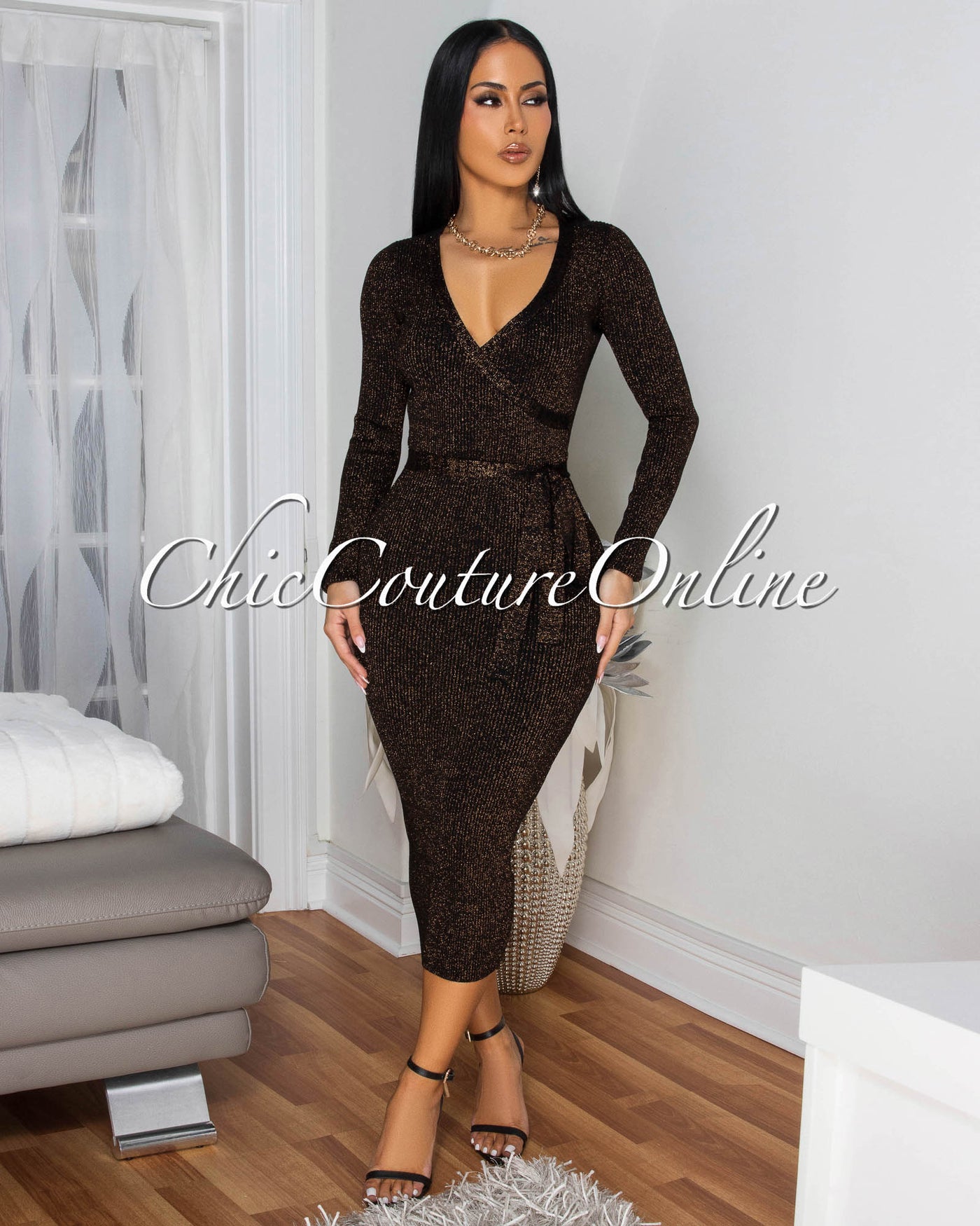 Eleanor Black Gold Shimmer Ribbed Midi Dress