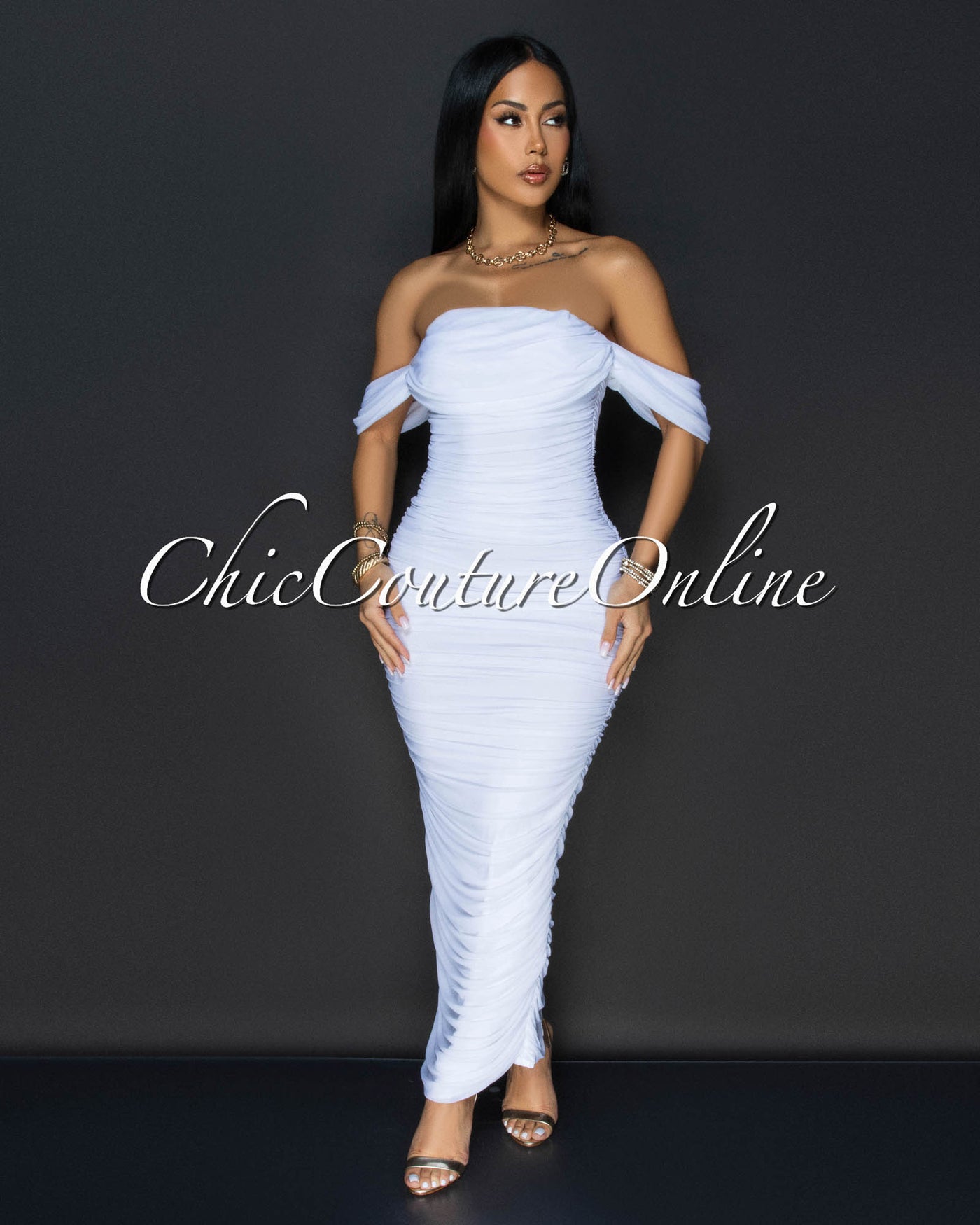 Vella White Mesh Overlay Ruched Off-The Shoulder Dress