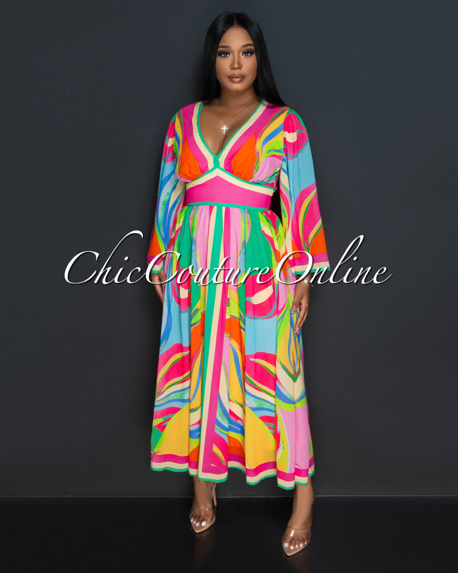 *Odetta Fuchsia Multi-Color Print Kimono Maxi Dress