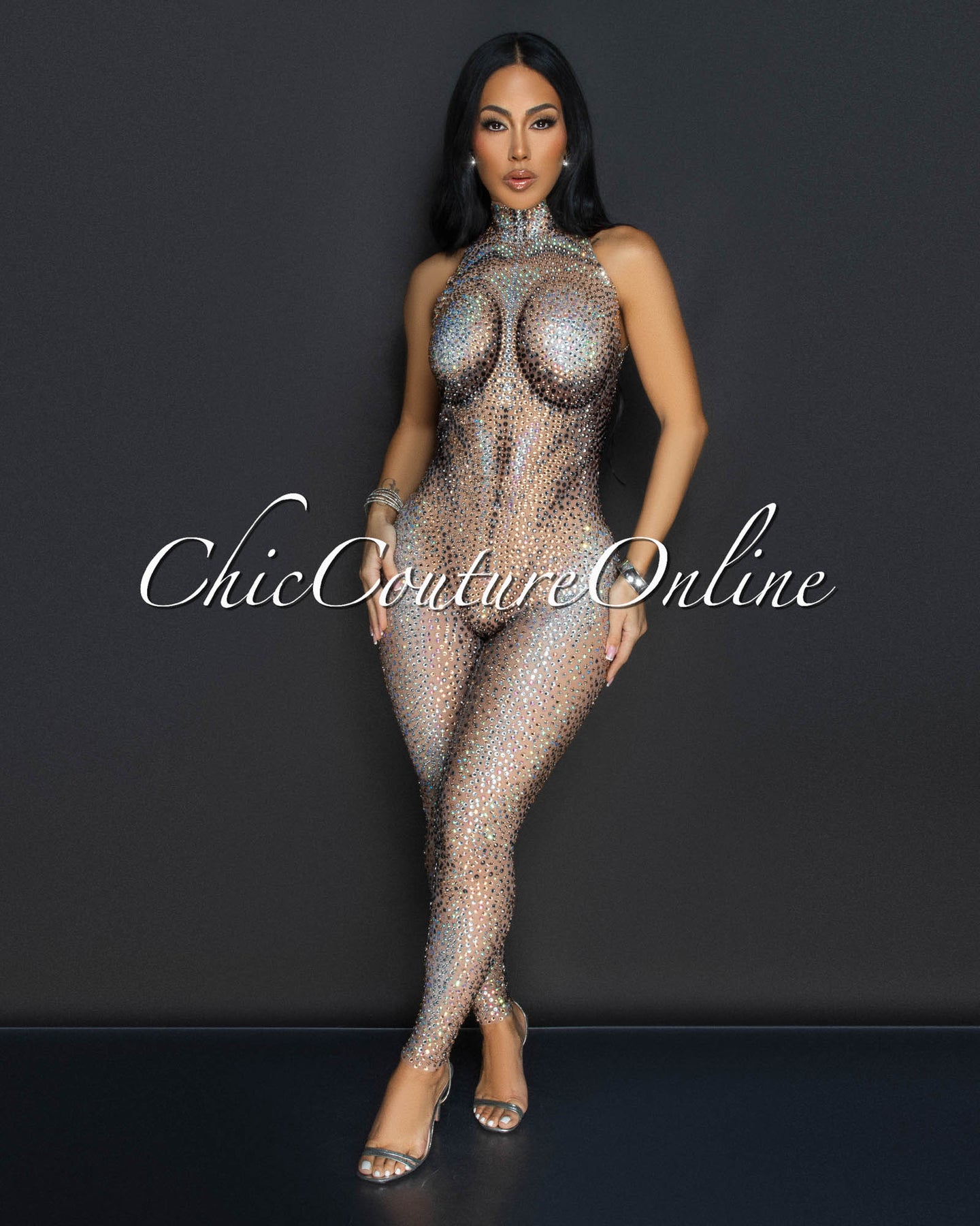 Suky Nude Rhinestones Mesh Jumpsuit