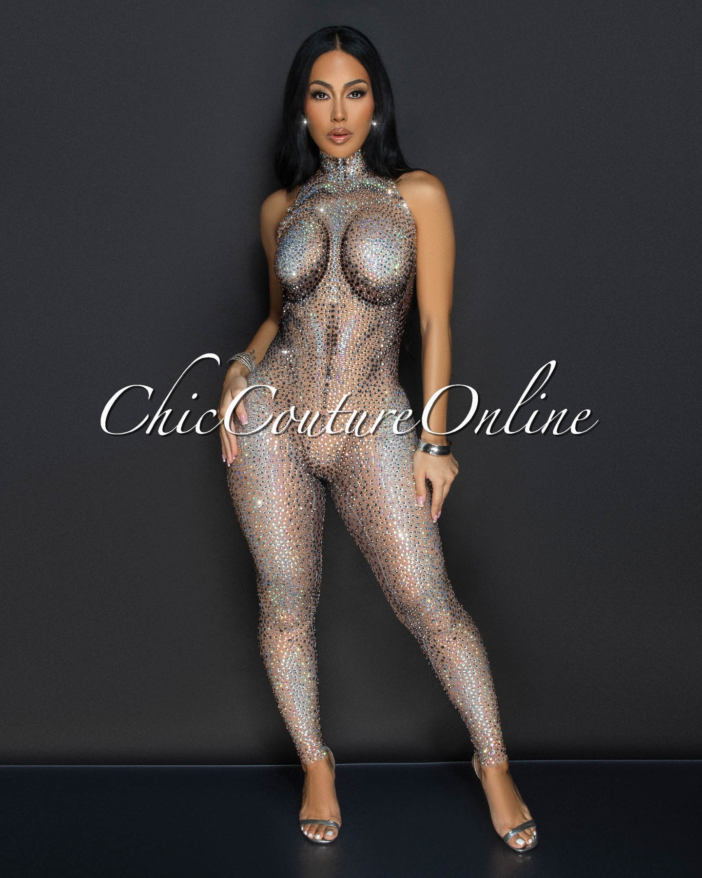 Suky Nude Rhinestones Mesh Jumpsuit