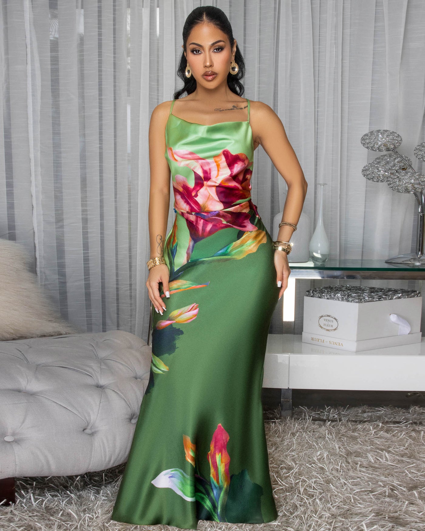 Francisca Green Multi-Color Floral Print Silky Slip Dress