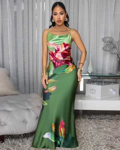 Francisca Green Multi-Color Floral Print Silky Slip Dress
