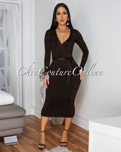 Eleanor Black Gold Shimmer Ribbed Midi Dress