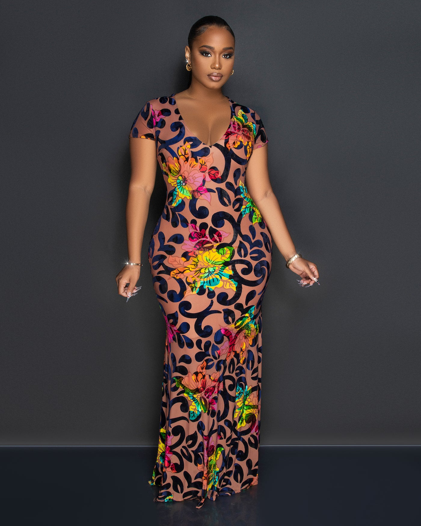Edeline Nude Multi-Color Print Velvet Sheer Maxi Dress