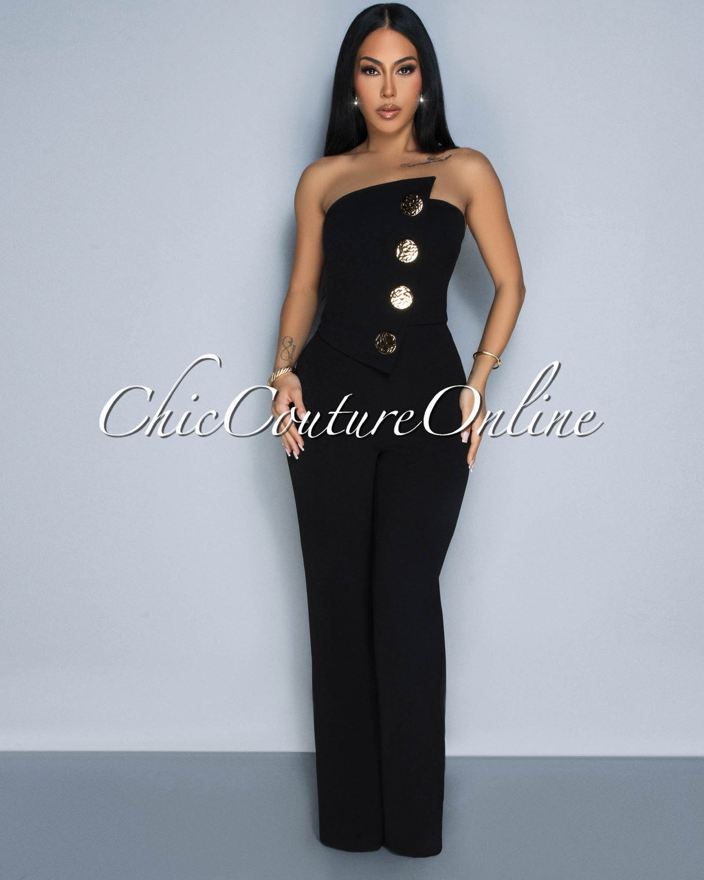 Amiri Black Gold Accent Button Strapless Widelegs Jumpsuit