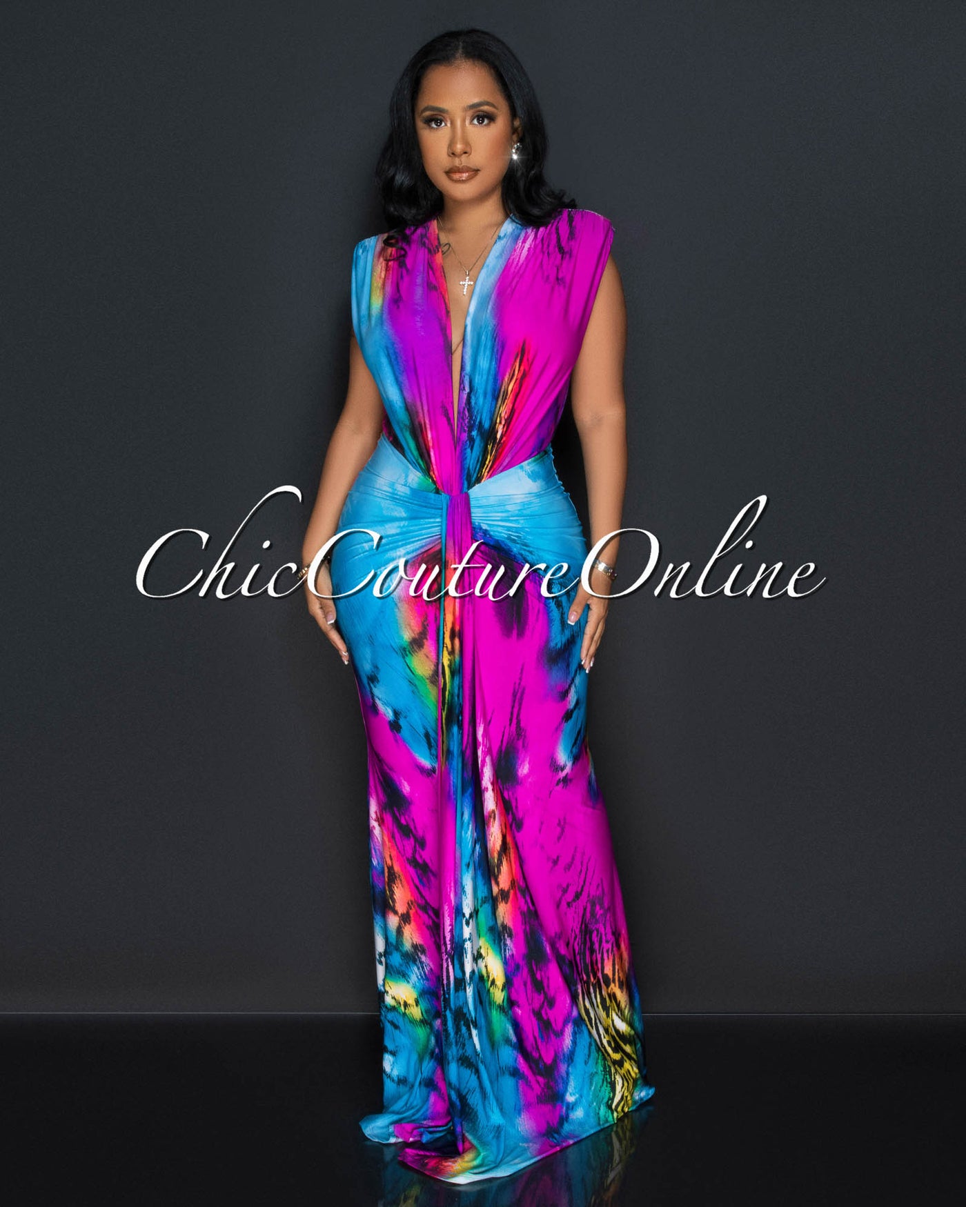 Hanee Multi-Color Print Deep V-Neck Front Maxi Dress