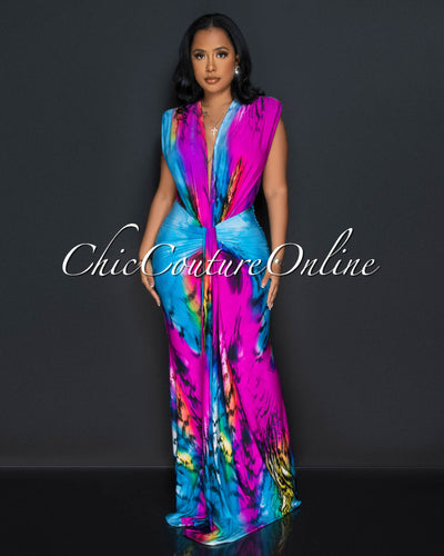 Hanee Multi-Color Print Deep V-Neck Front Maxi Dress