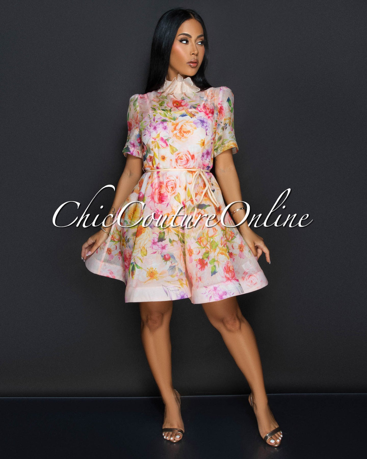 Prina Blush Multi Floral Print Belted Dress