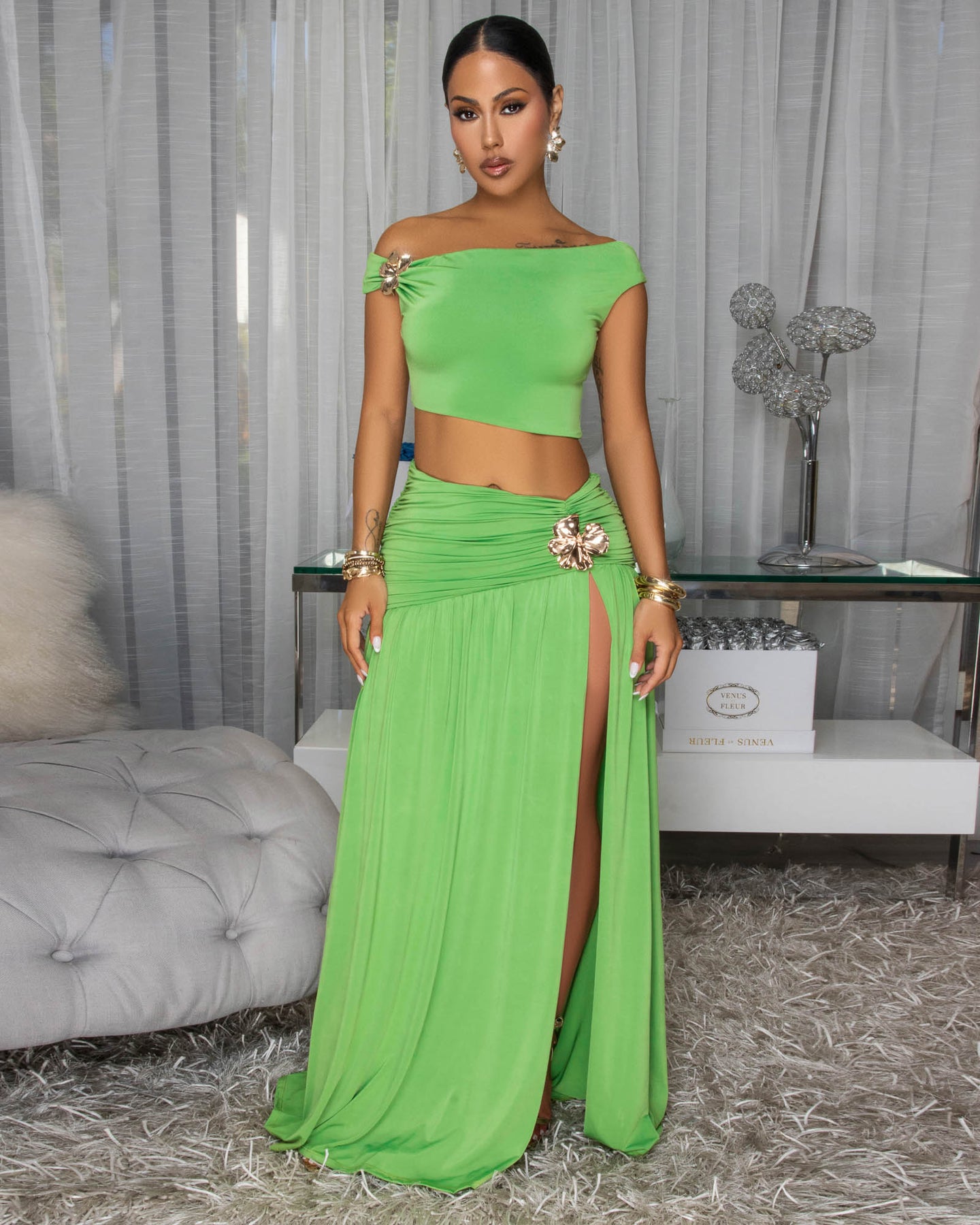 Venezia Green Gold Broach Top & Maxi Skirt Set