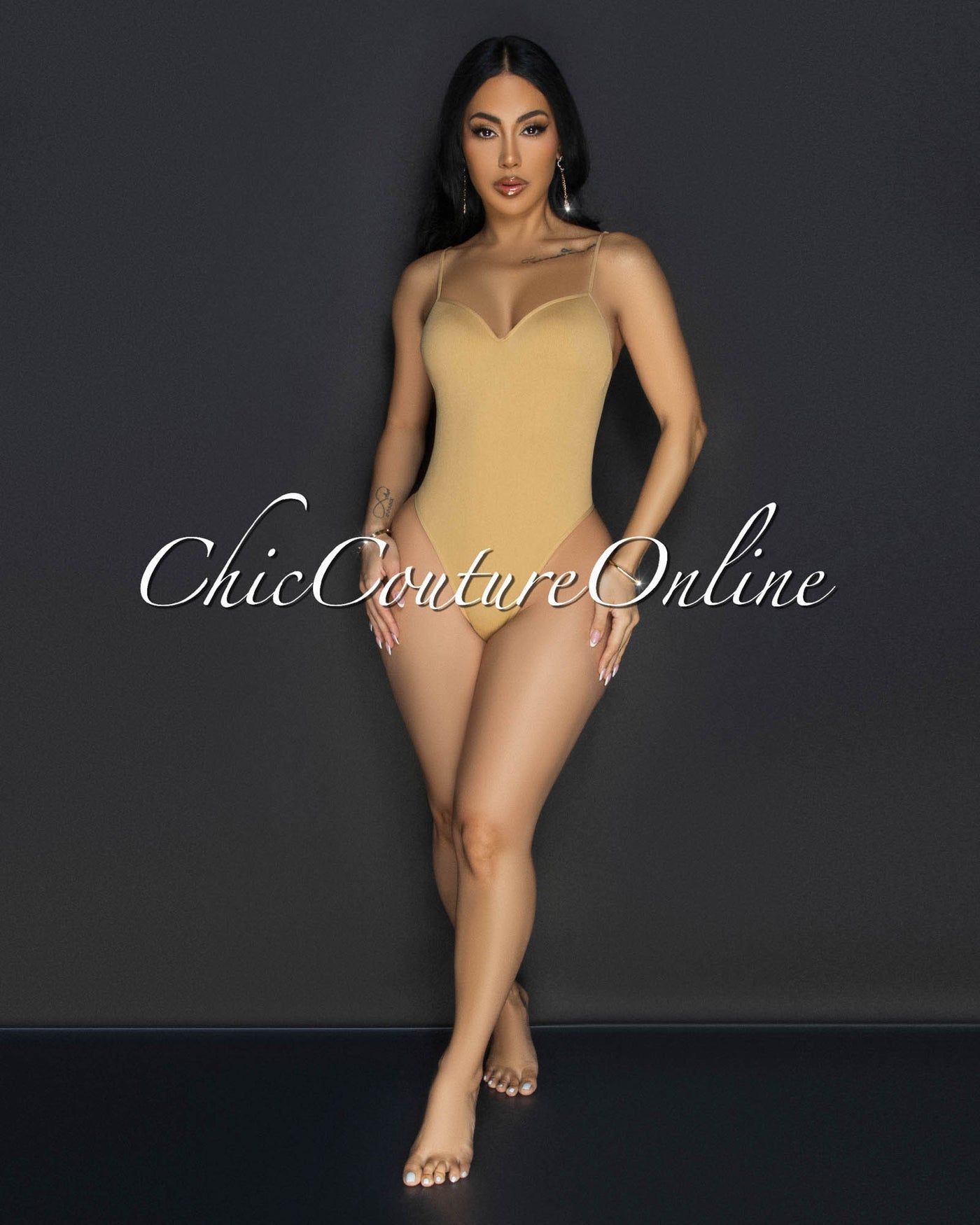 Toniya Khaki Ribbed Body-Con Bodysuit