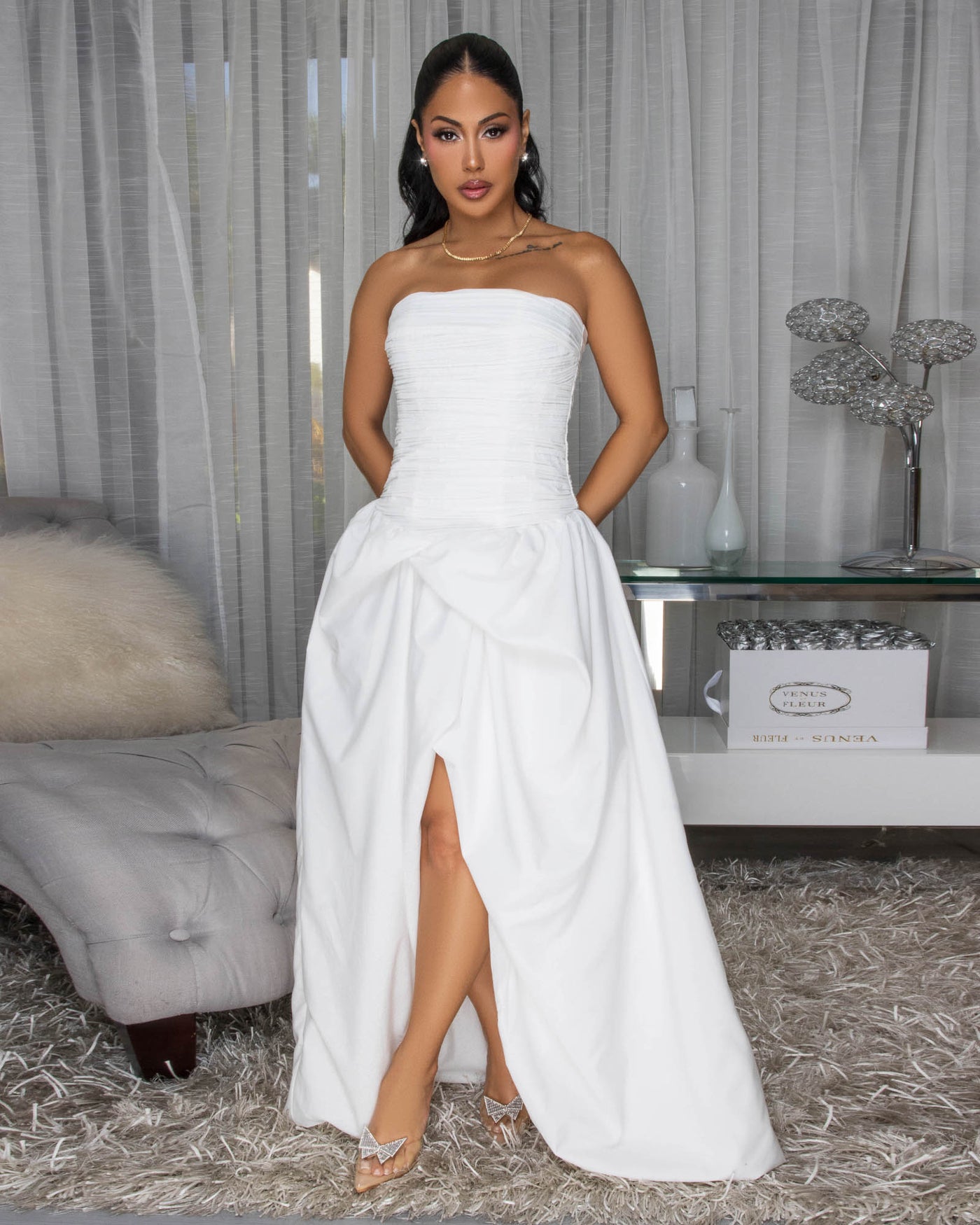 Priya White Front Slit Bubble Gown