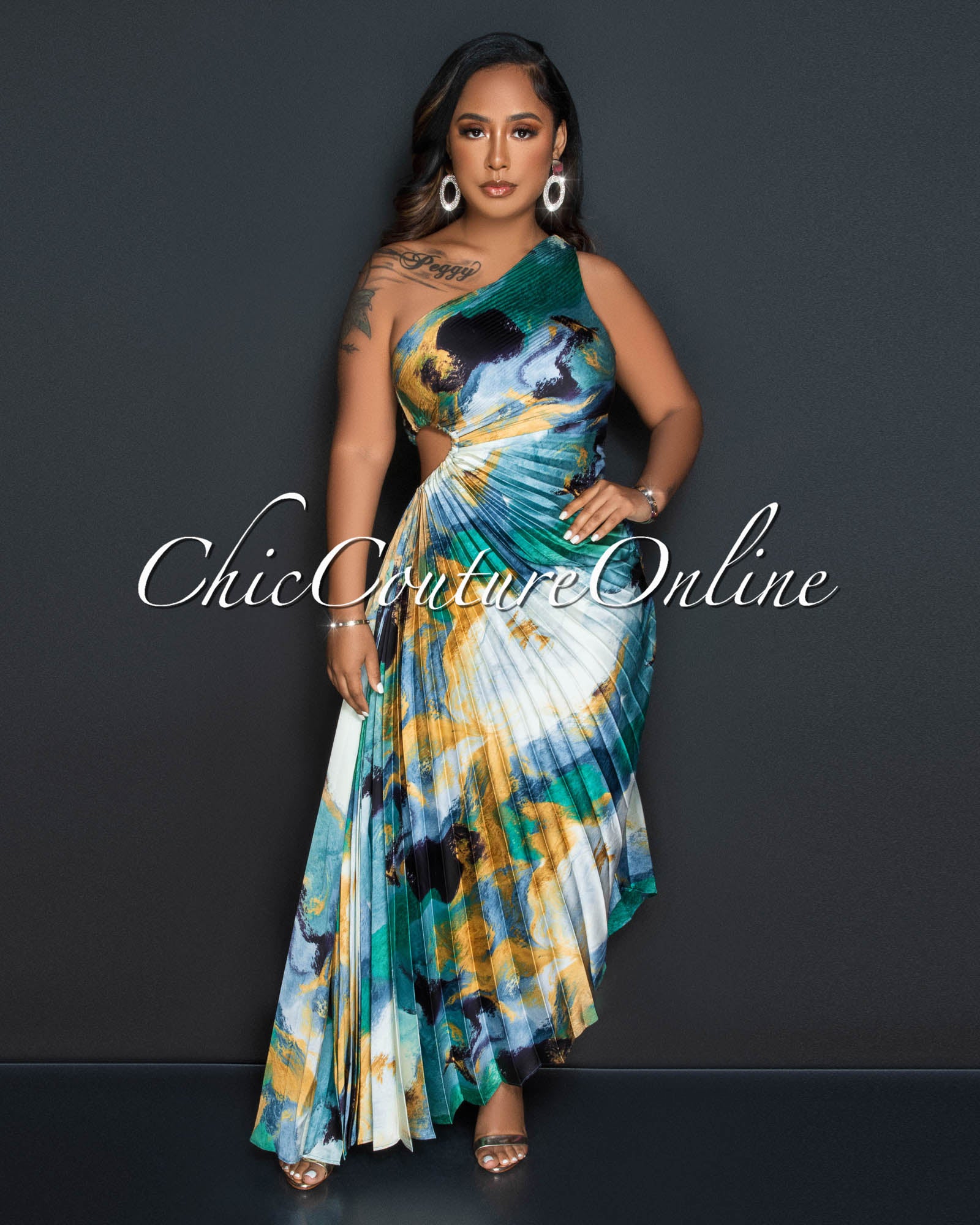 Joaquin Green Print Pleated Single Shoulder Maxi Dress
