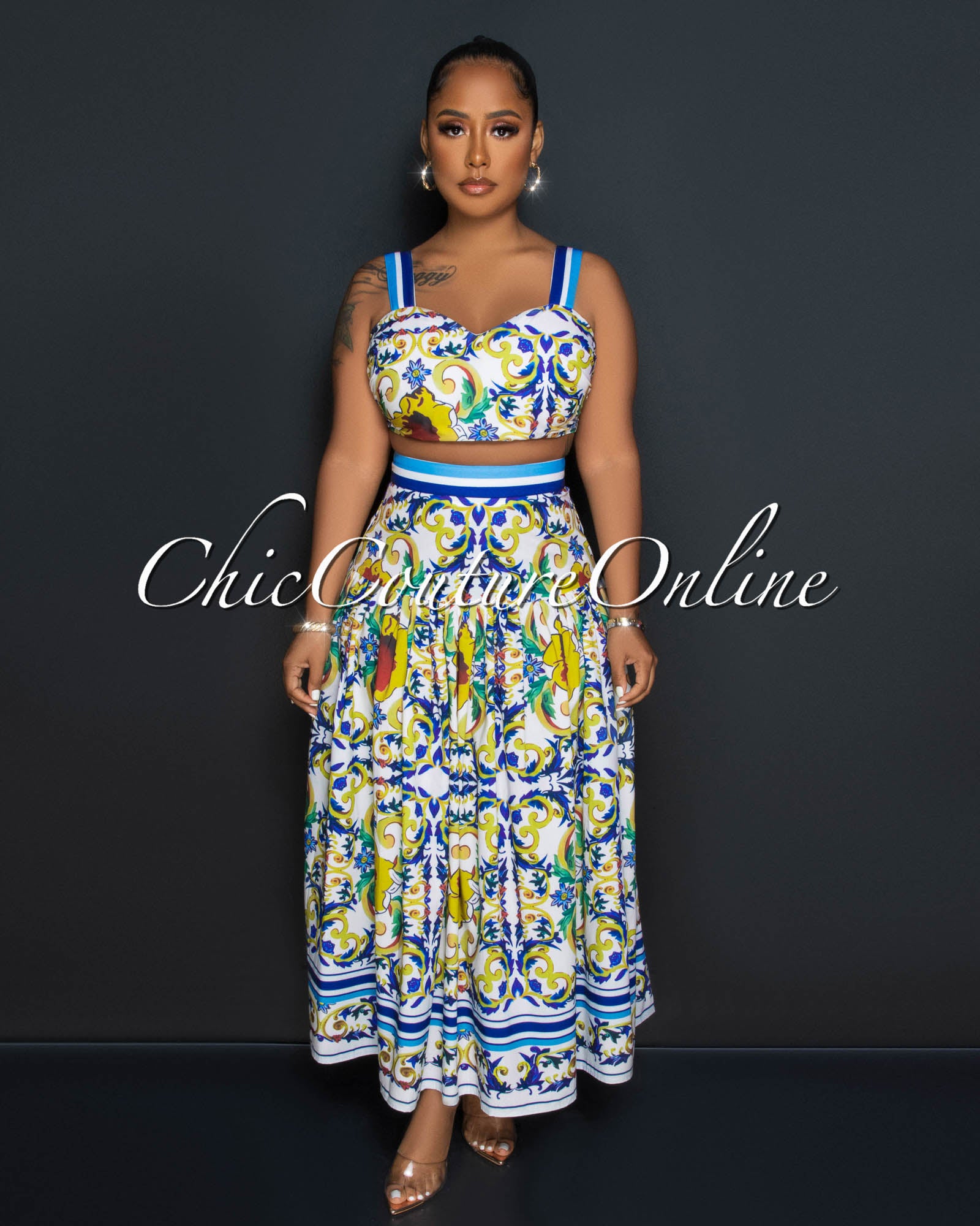 Crisanto White Multi-Color Print Crop Top & Maxi Skirt Set