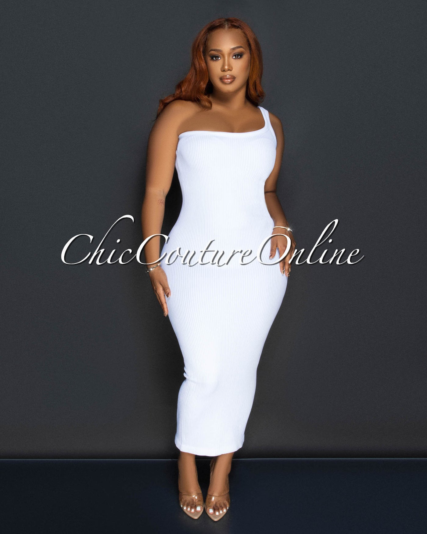 Thia White Single Shoulder Ribbed Midi Dress