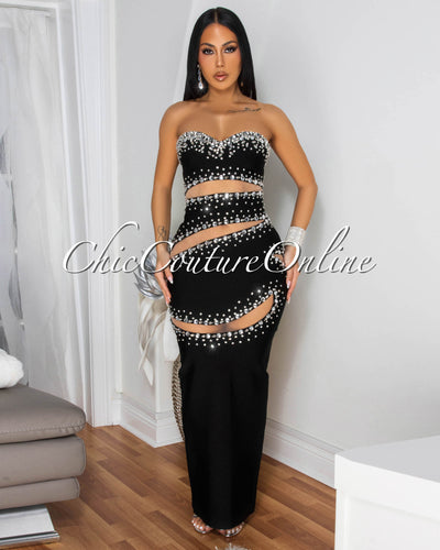 Regala Black Rhinestones Cut-Out Strapless Maxi Dress