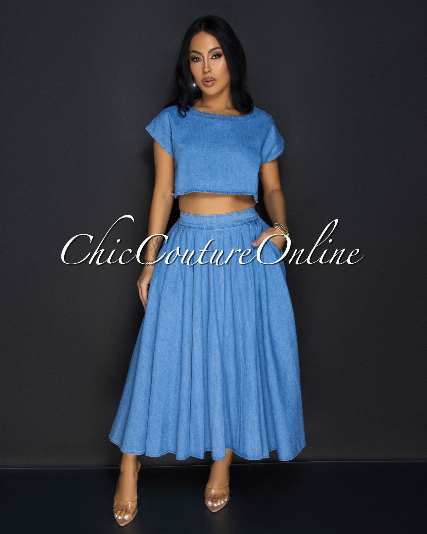 Desideria Light Denim Crop Top & Maxi Skirt Set