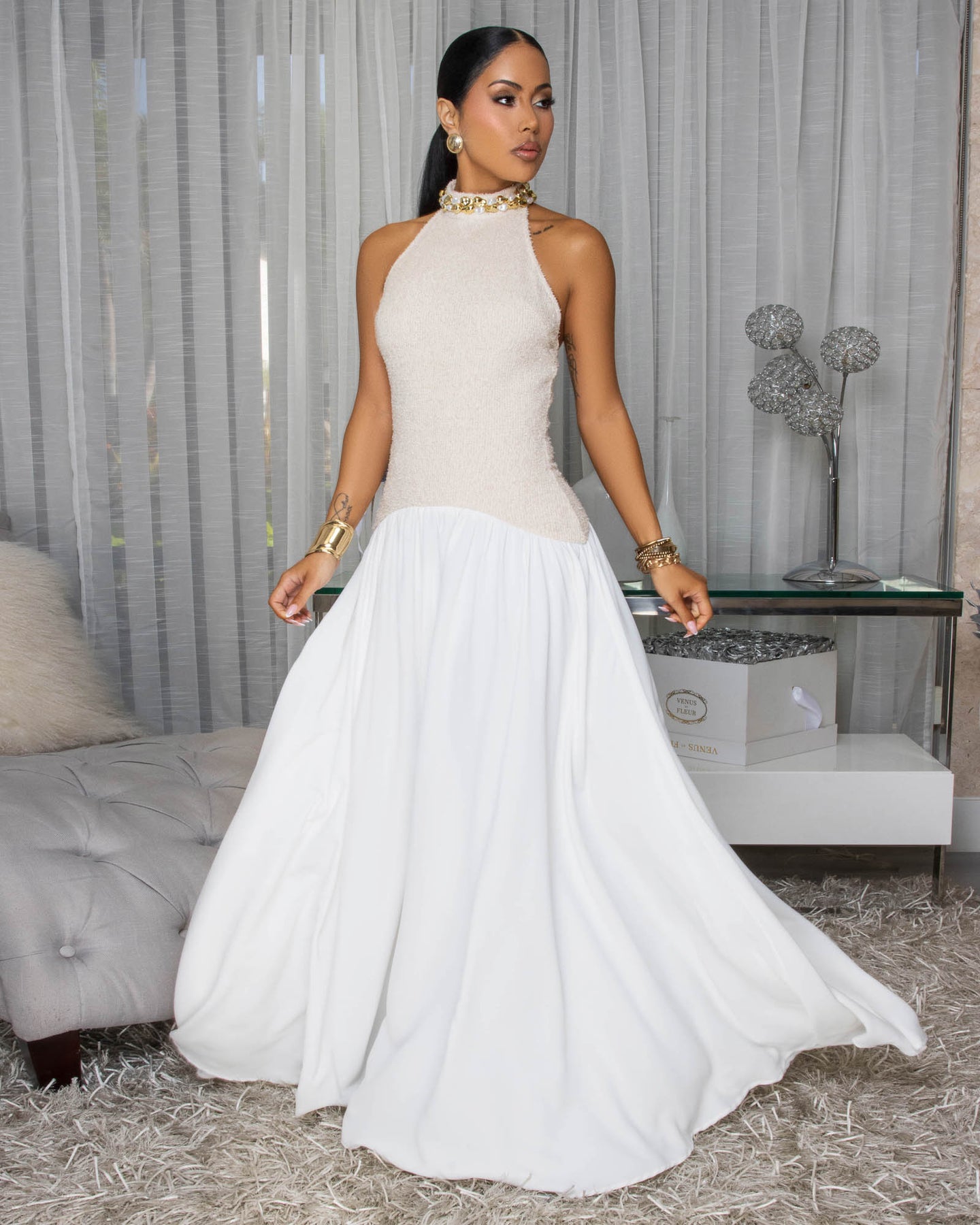 Andrina Nude Ivory Halter Maxi Dress
