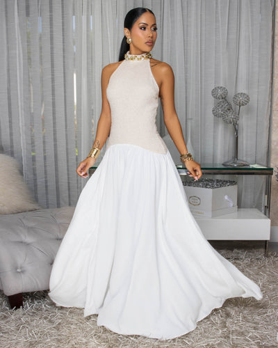 Andrina Nude Ivory Halter Maxi Dress