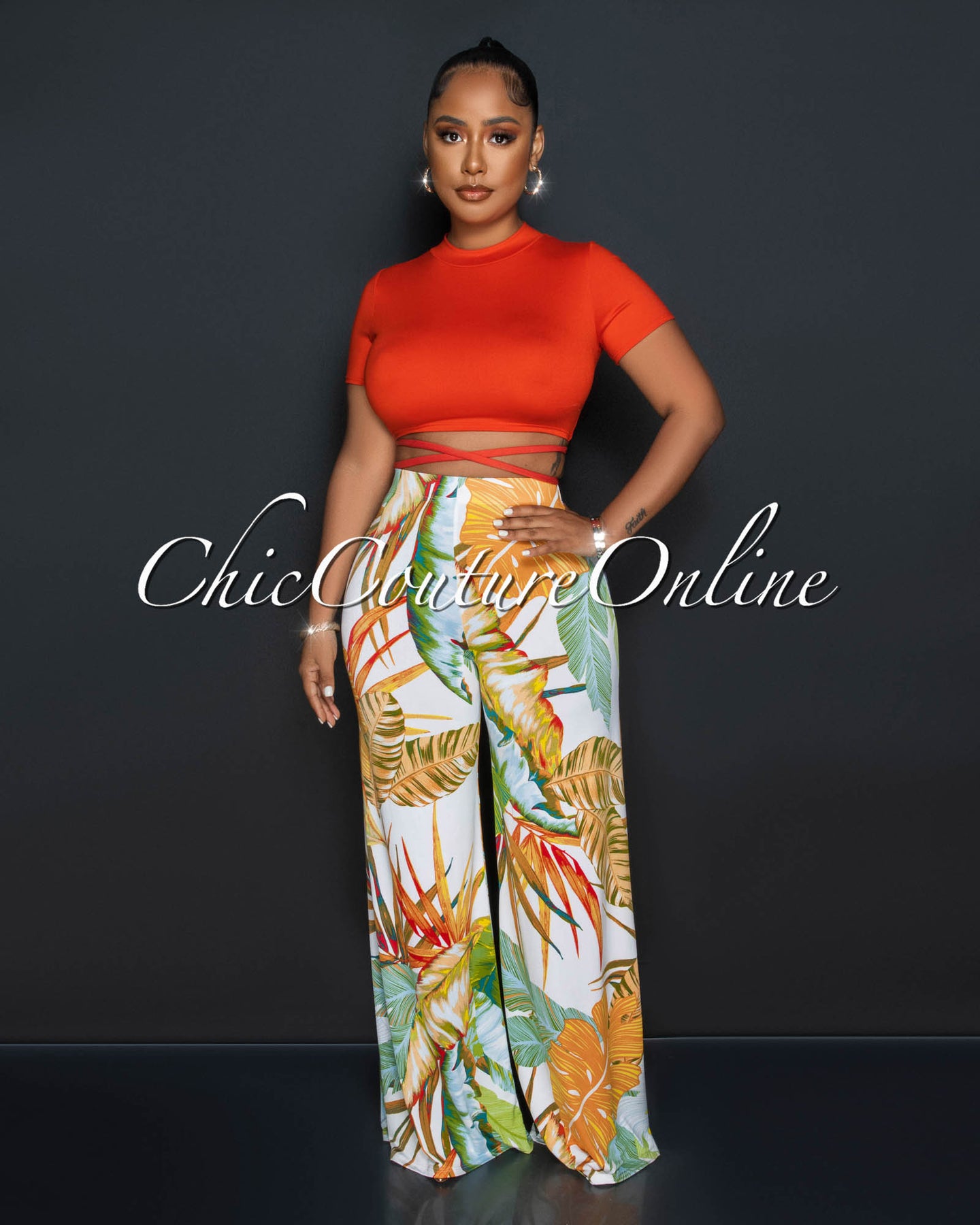 Yalena Orange Crop Top & Leaf Print Wide Pants Set