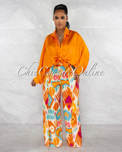 Pilar Orange Wide Sleeves Silky Blouse