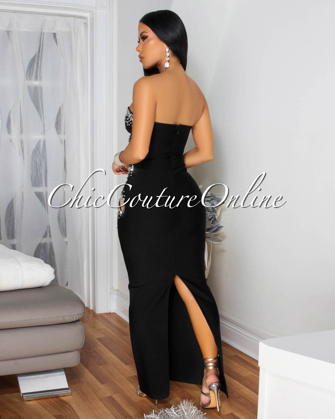 Regala Black Rhinestones Cut-Out Strapless Maxi Dress