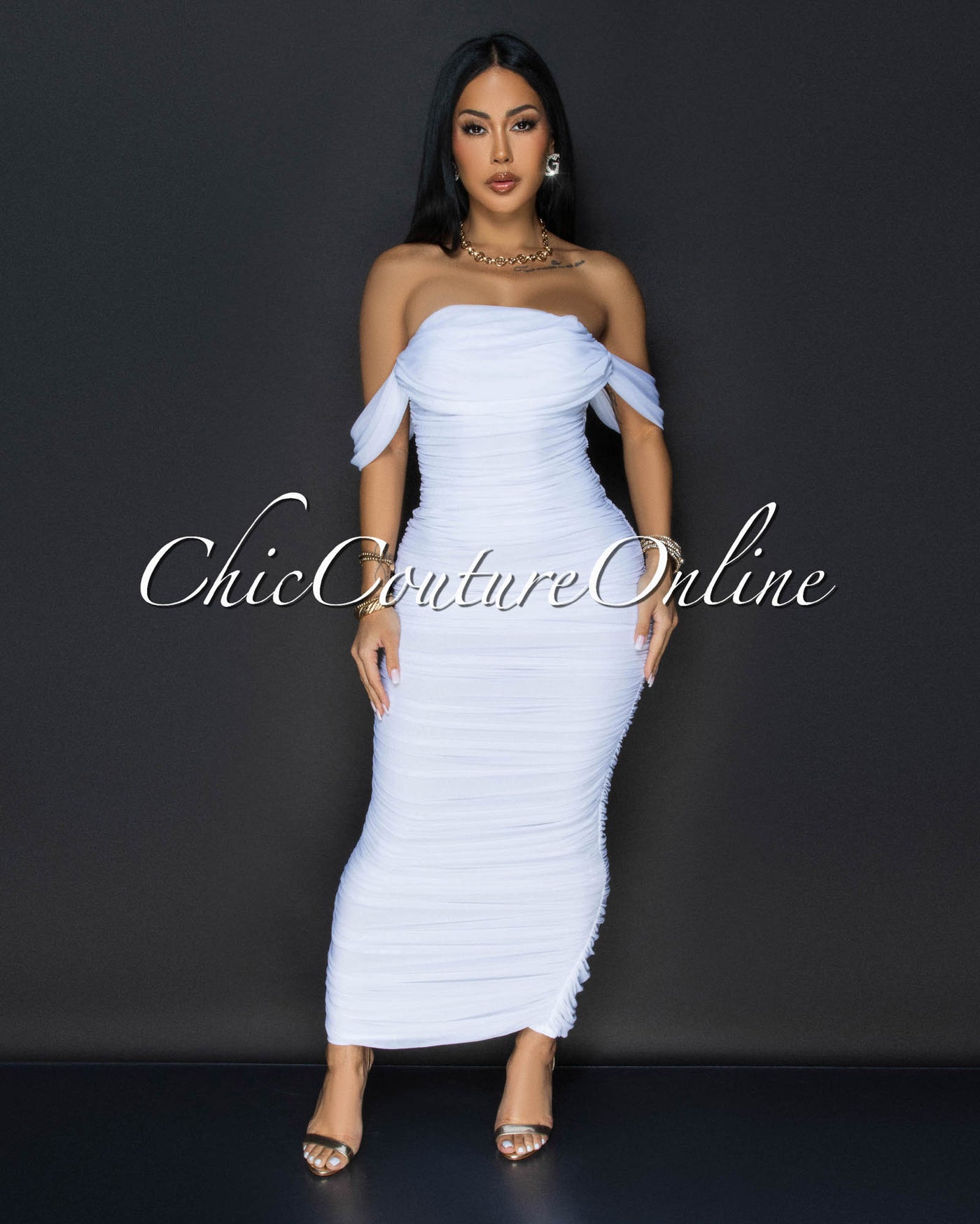 Vella White Mesh Overlay Ruched Off-The Shoulder Dress