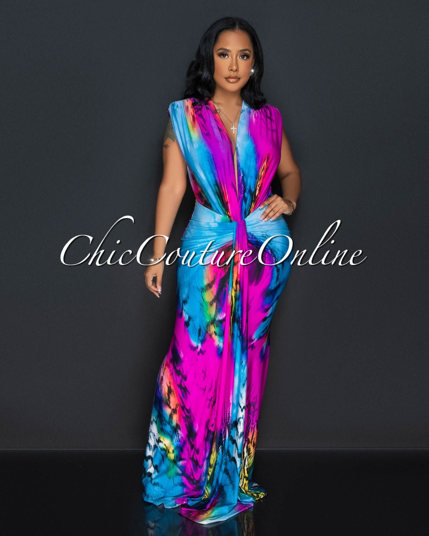 Hanee Multi-Color Print Deep V-Neck Front Maxi Dress