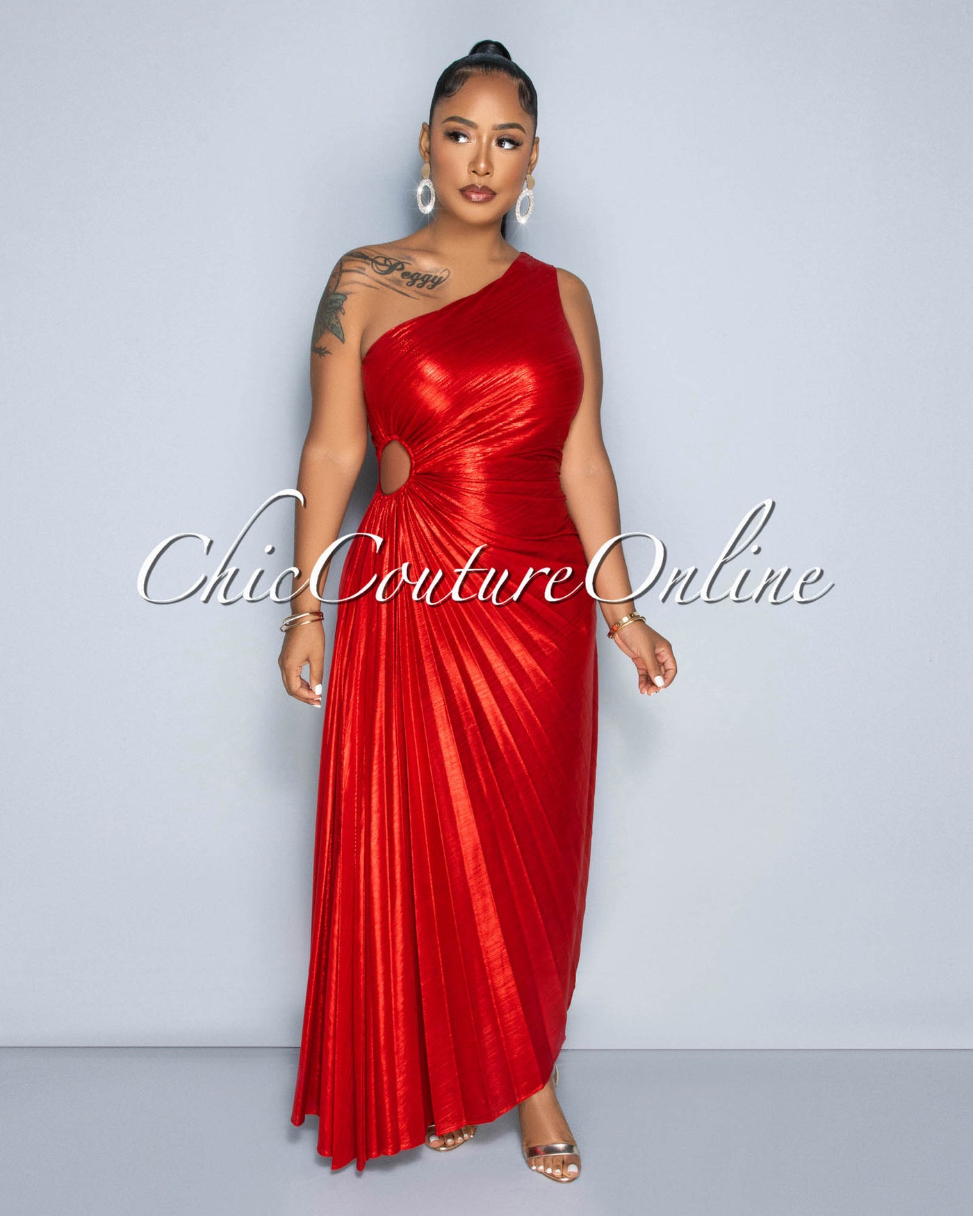 Jovanika Red Shimmer Pleated Single Shoulder Maxi Dress