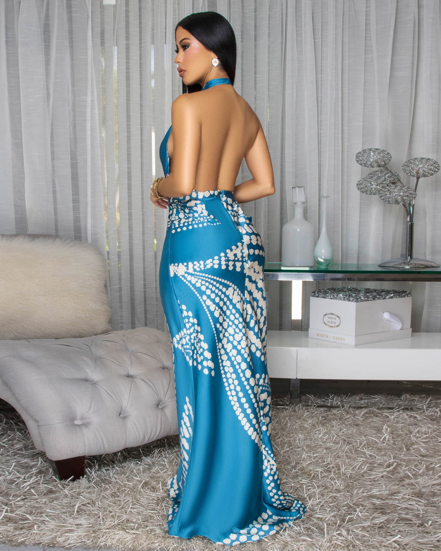 Analia Teal Cream Silky Halter Maxi Dress